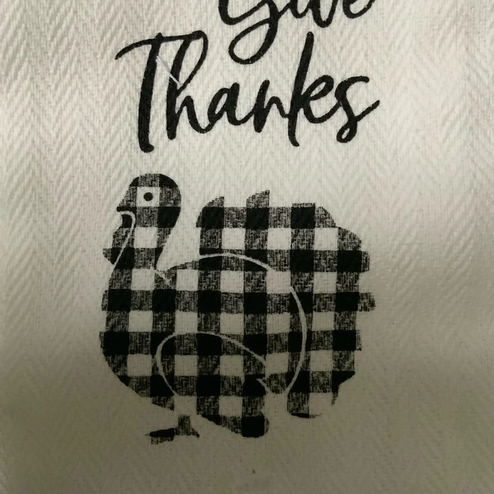 Thanksgiving Turkey Kitchen Towels Give Thanks Buffalo Check Black White 2 PC